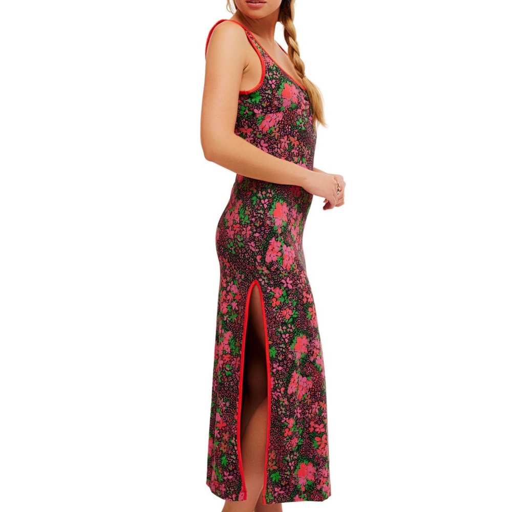 Free People Maxi Dress Boho with Pink Dark Floral Detail Side slits - Picture 6 of 14